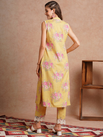 Floral Foil Printed & Hand Embroidered A-Line Co-ord Set - Yellow