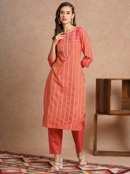 Ethnic Woven & Mirror Embroidered Straight Fit Kurta with Pant - Peach