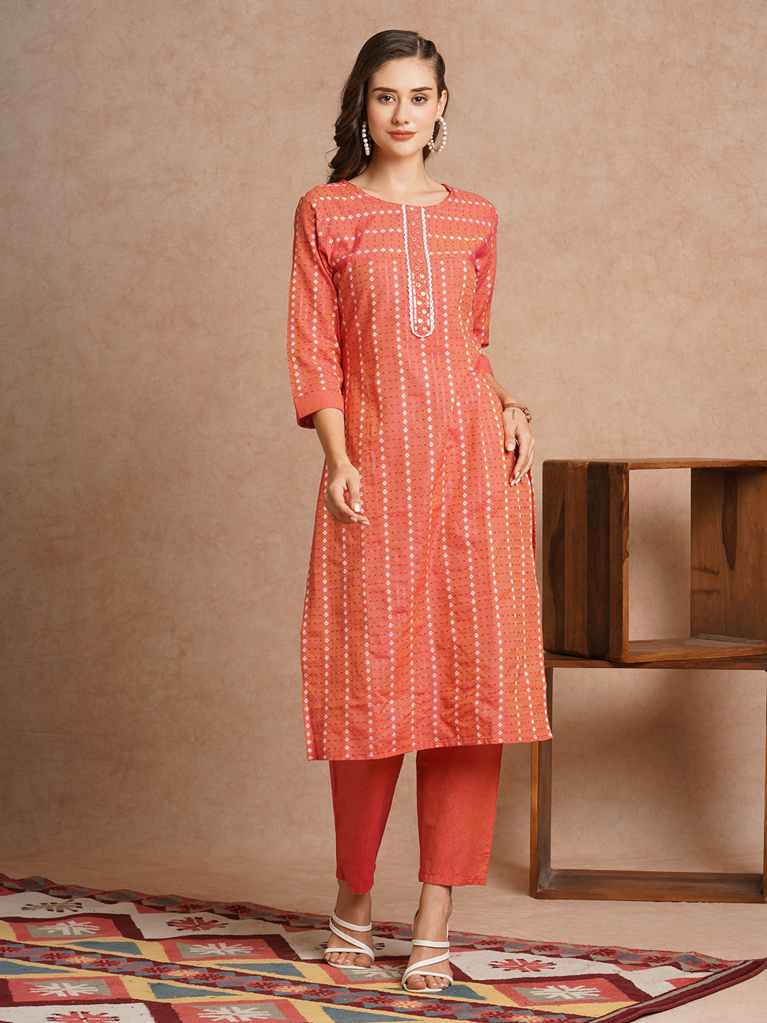 Ethnic Woven & Mirror Embroidered Straight Fit Kurta with Pant - Peach