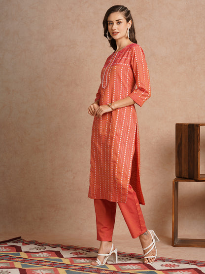 Ethnic Woven & Mirror Embroidered Straight Fit Kurta with Pant - Peach