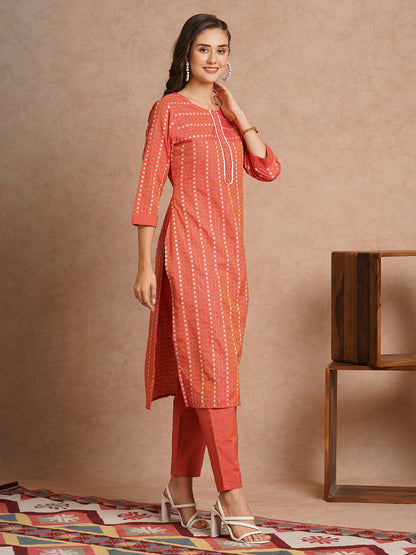 Ethnic Woven & Mirror Embroidered Straight Fit Kurta with Pant - Peach