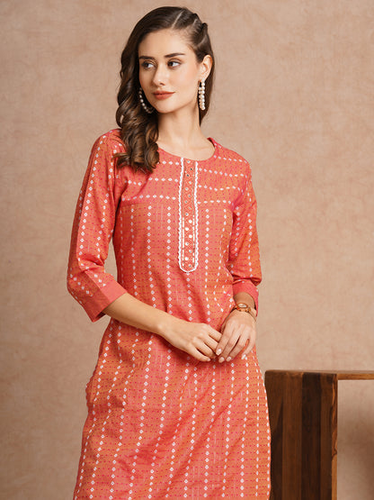 Ethnic Woven & Mirror Embroidered Straight Fit Kurta with Pant - Peach