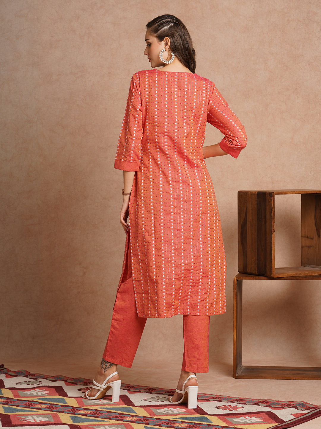 Ethnic Woven & Mirror Embroidered Straight Fit Kurta with Pant - Peach