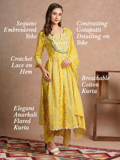 Ethnic Floral Printed & Hand Embroidered Anarkali Kurta with Pant & Dupatta - Yellow