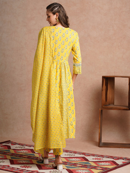 Ethnic Floral Printed & Hand Embroidered Anarkali Kurta with Pant & Dupatta - Yellow