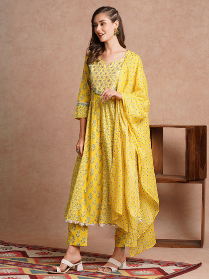 Ethnic Floral Printed & Hand Embroidered Anarkali Kurta with Pant & Dupatta - Yellow