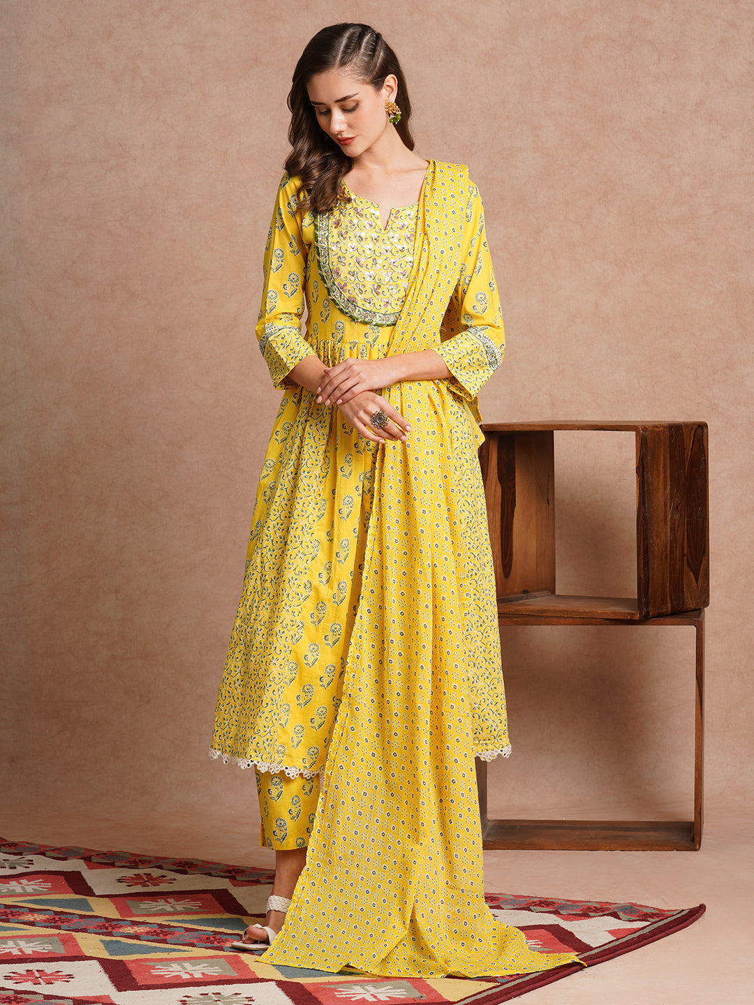 Ethnic Floral Printed & Hand Embroidered Anarkali Kurta with Pant & Dupatta - Yellow