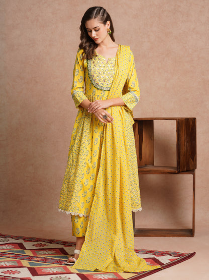 Ethnic Floral Printed & Hand Embroidered Anarkali Kurta with Pant & Dupatta - Yellow