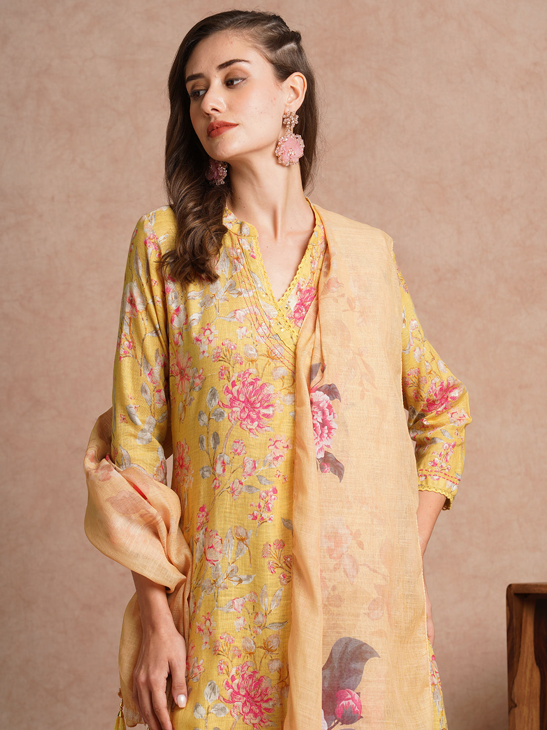 Floral Foil Printed & Embroidered A-Line Kurta with Pant and Dupatta - Yellow