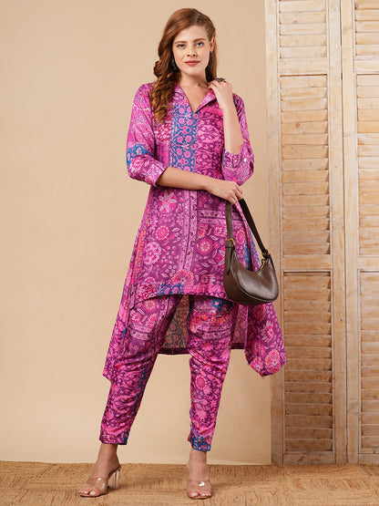 Ethnic Geometric Printed A-Line Co-ord Set - Purple