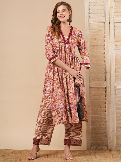 Abstract Floral Printed & Embroidered A-Line Pleated Kurta with Palazzo - Maroon