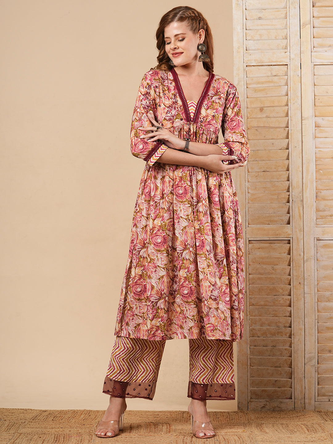 Abstract Floral Printed & Embroidered A-Line Pleated Kurta with Palazzo - Maroon