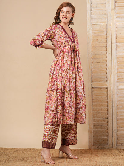 Abstract Floral Printed & Embroidered A-Line Pleated Kurta with Palazzo - Maroon