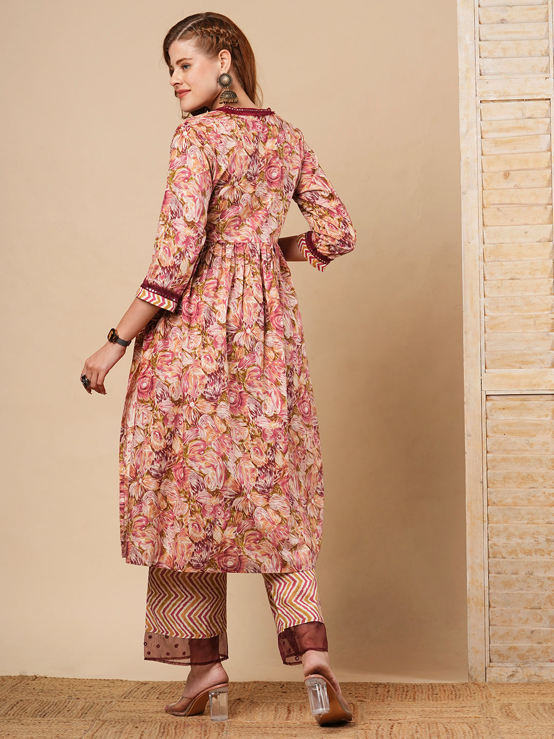 Abstract Floral Printed & Embroidered A-Line Pleated Kurta with Palazzo - Maroon