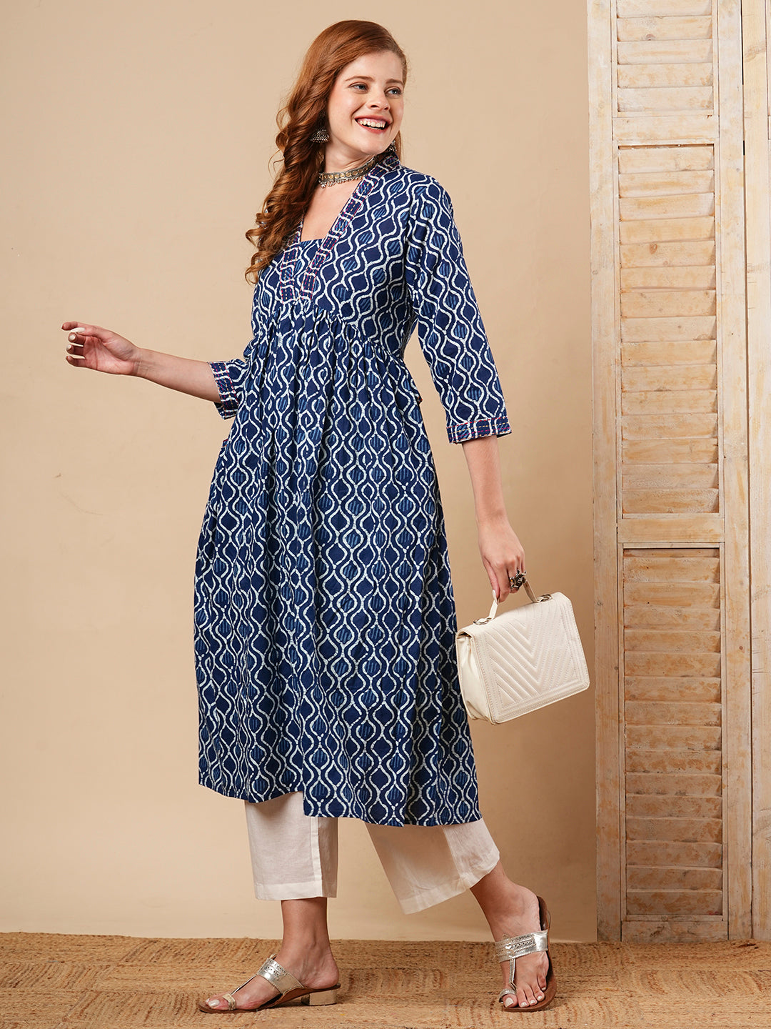 Ethnic Stripes Printed & Kantha Embroidered A-Line Kurta with Palazzo - Blue