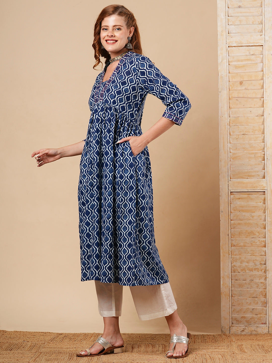 Ethnic Stripes Printed & Kantha Embroidered A-Line Kurta with Palazzo - Blue