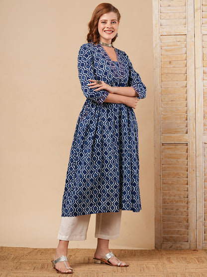 Ethnic Stripes Printed & Kantha Embroidered A-Line Kurta with Palazzo - Blue