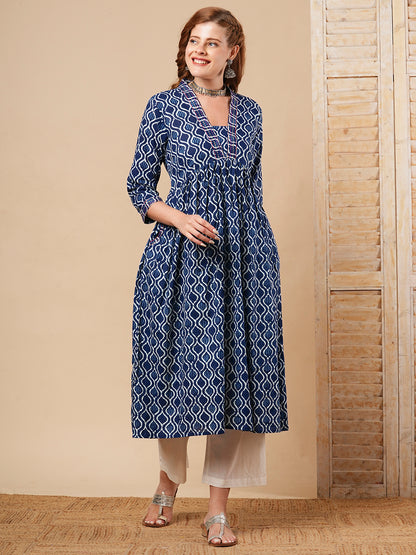 Ethnic Stripes Printed & Kantha Embroidered A-Line Kurta with Palazzo - Blue