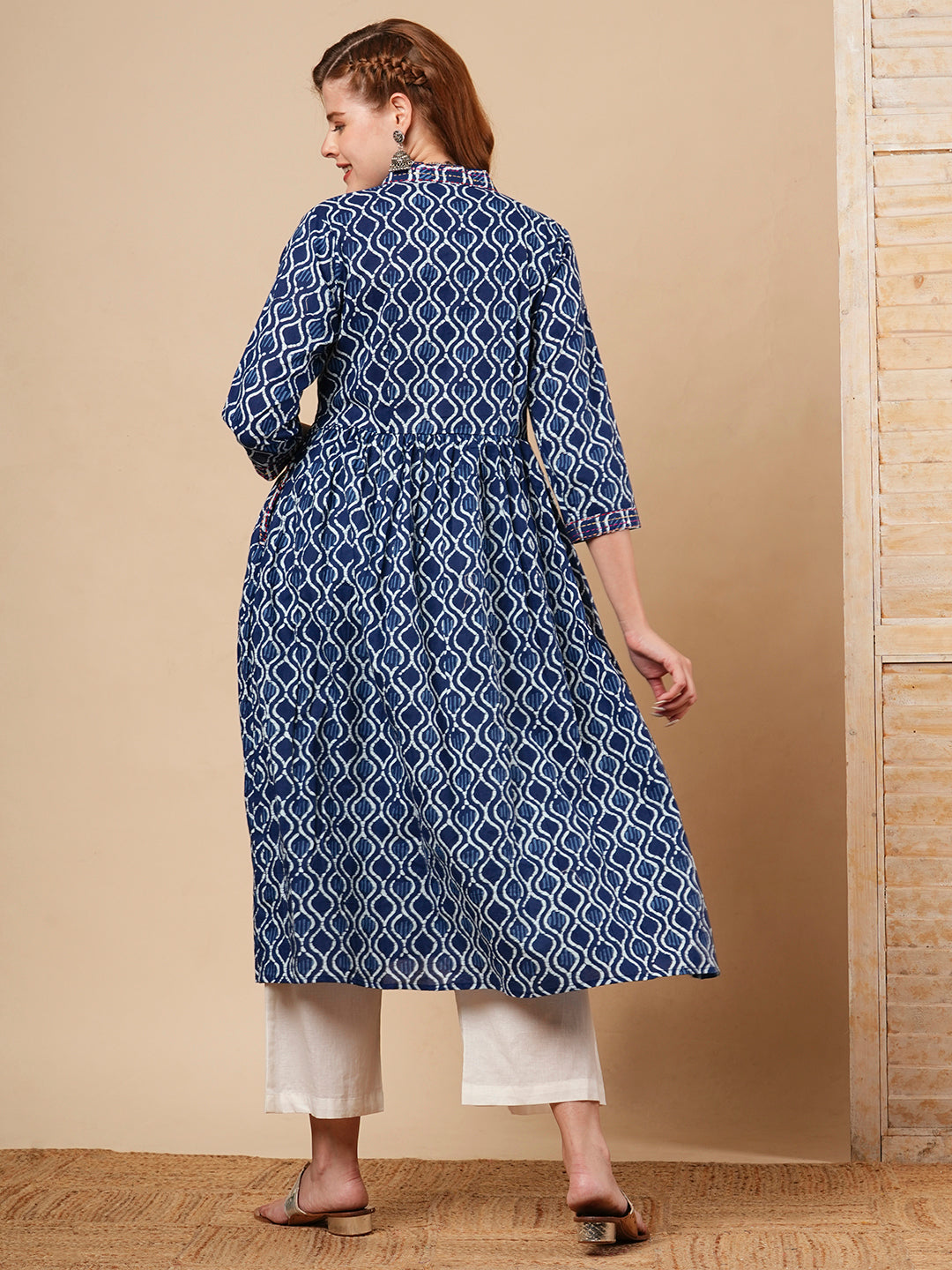 Ethnic Stripes Printed & Kantha Embroidered A-Line Kurta with Palazzo - Blue