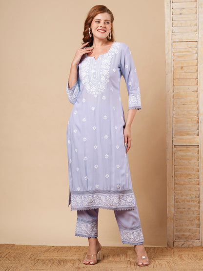 Solid Chikankari Embroidered Straight Fit Co-ord Set - Lavender