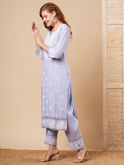 Solid Chikankari Embroidered Straight Fit Co-ord Set - Lavender