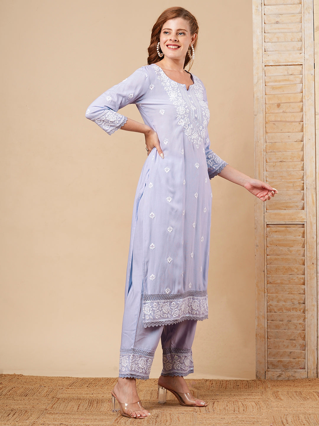 Solid Chikankari Embroidered Straight Fit Co-ord Set - Lavender