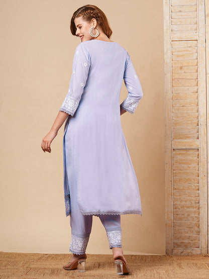 Solid Chikankari Embroidered Straight Fit Co-ord Set - Lavender