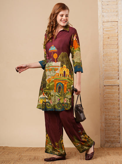 Mughal Miniature Printed & Embroidered Straight Fit Co-ord Set - Burgundy