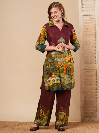 Mughal Miniature Printed & Embroidered Straight Fit Co-ord Set - Burgundy