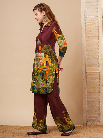 Mughal Miniature Printed & Embroidered Straight Fit Co-ord Set - Burgundy