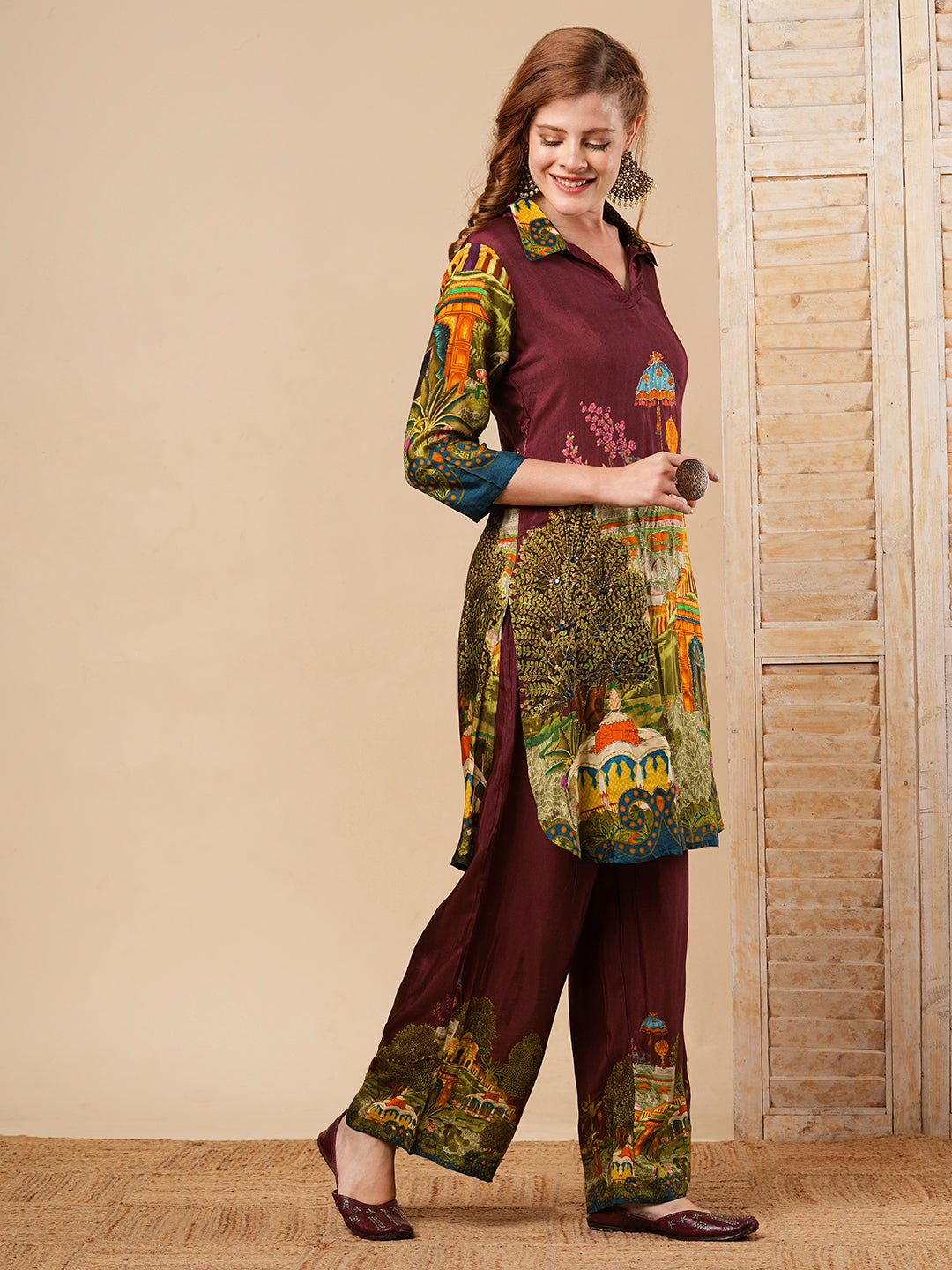 Mughal Miniature Printed & Embroidered Straight Fit Co-ord Set - Burgundy