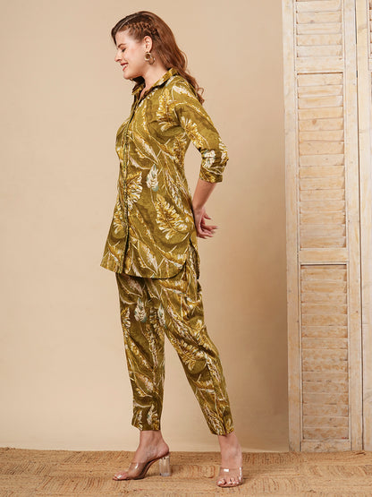 Floral Leaf Foil Printed Straight Fit Co-ord Set - Olive