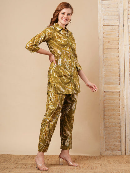 Floral Leaf Foil Printed Straight Fit Co-ord Set - Olive