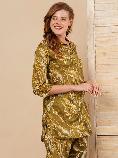 Floral Leaf Foil Printed Straight Fit Co-ord Set - Olive