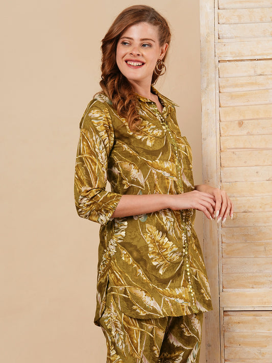 Floral Leaf Foil Printed Straight Fit Co-ord Set - Olive