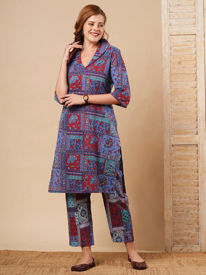 Ethnic Floral Geometric Printed Straight Fit Co-ord Set - Purple