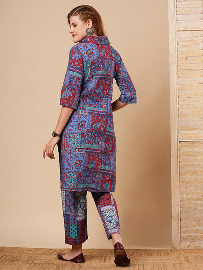 Ethnic Floral Geometric Printed Straight Fit Co-ord Set - Purple