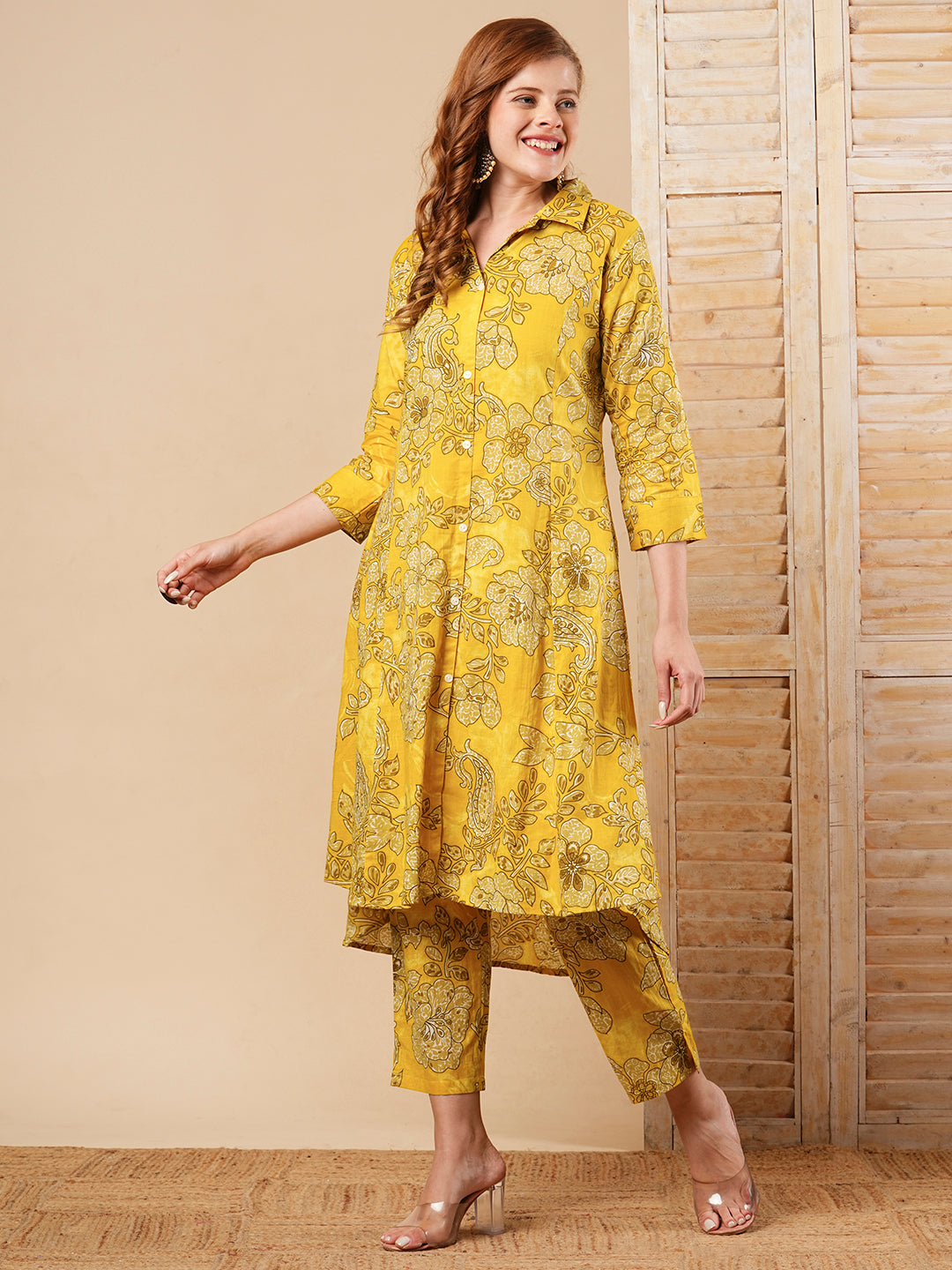 Floral Printed A-Line Paneled Co-ord Set - Yellow