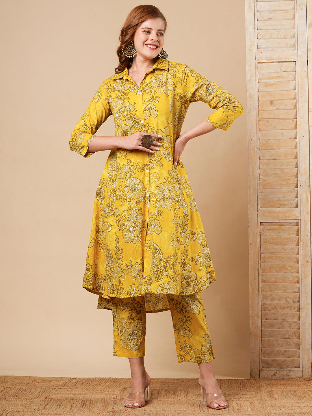 Floral Printed A-Line Paneled Co-ord Set - Yellow