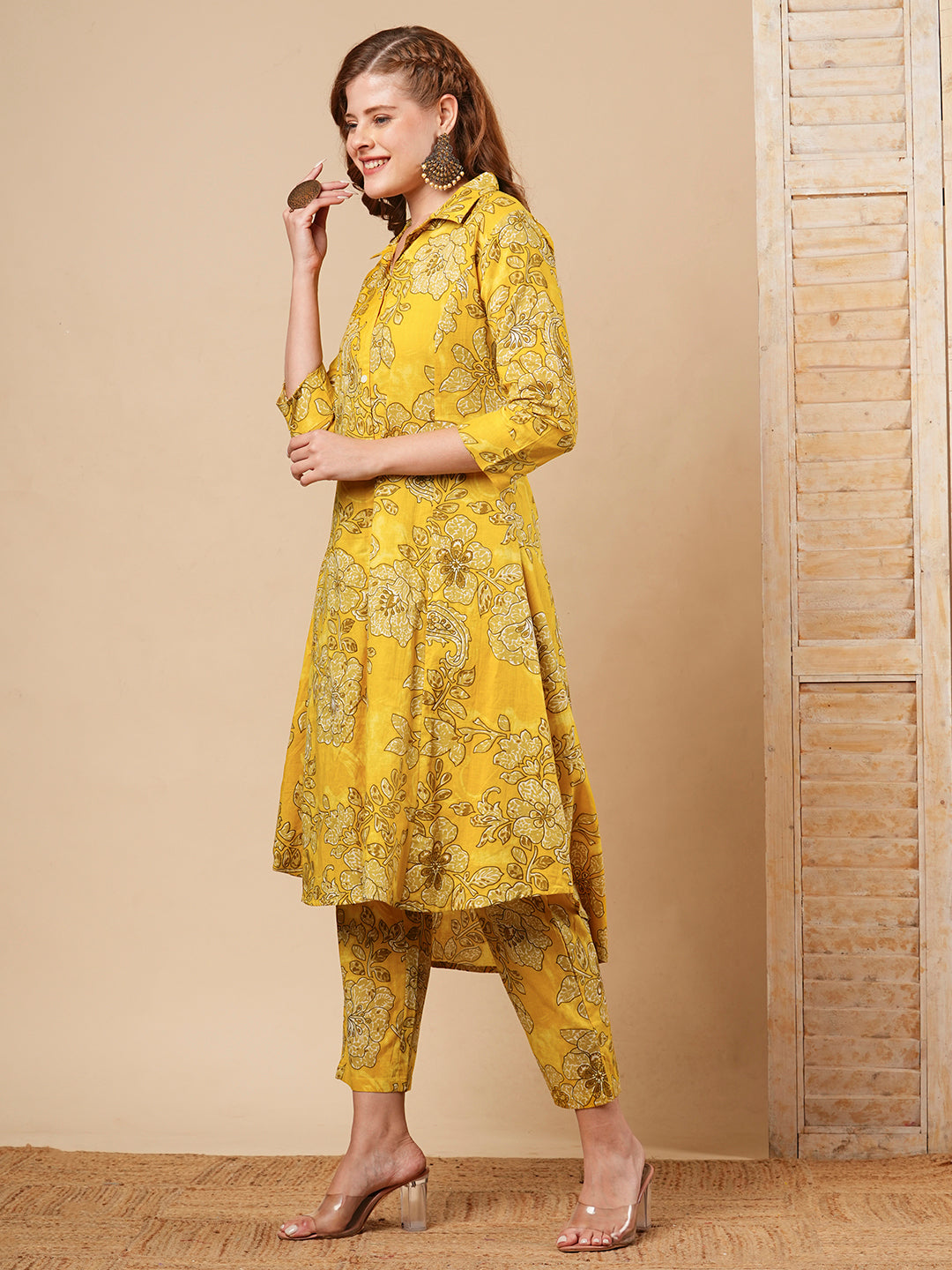 Floral Printed A-Line Paneled Co-ord Set - Yellow