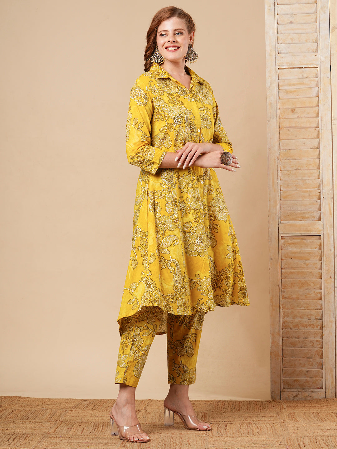 Floral Printed A-Line Paneled Co-ord Set - Yellow