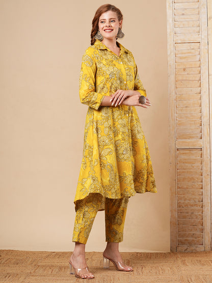 Floral Printed A-Line Paneled Co-ord Set - Yellow