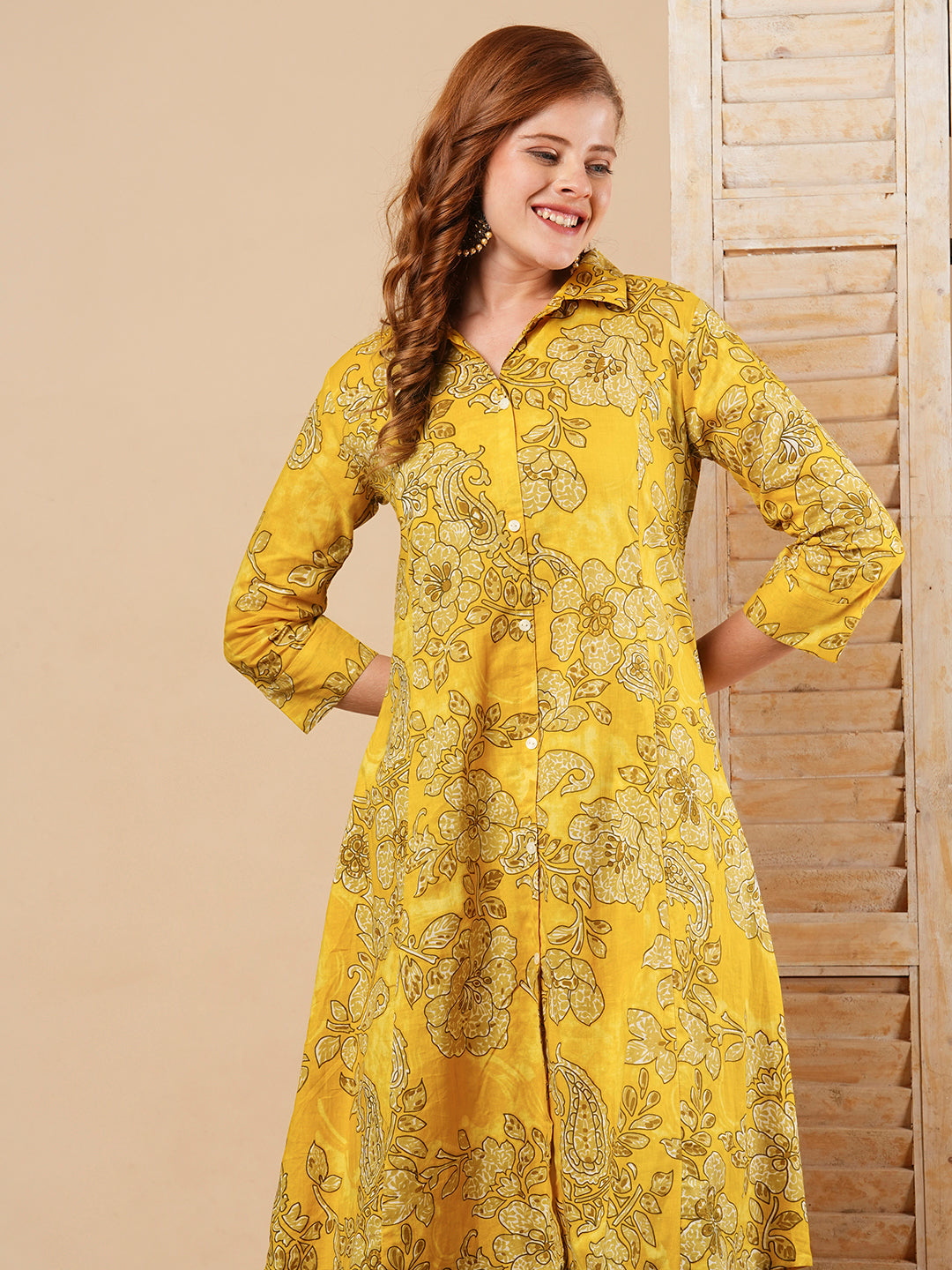 Floral Printed A-Line Paneled Co-ord Set - Yellow