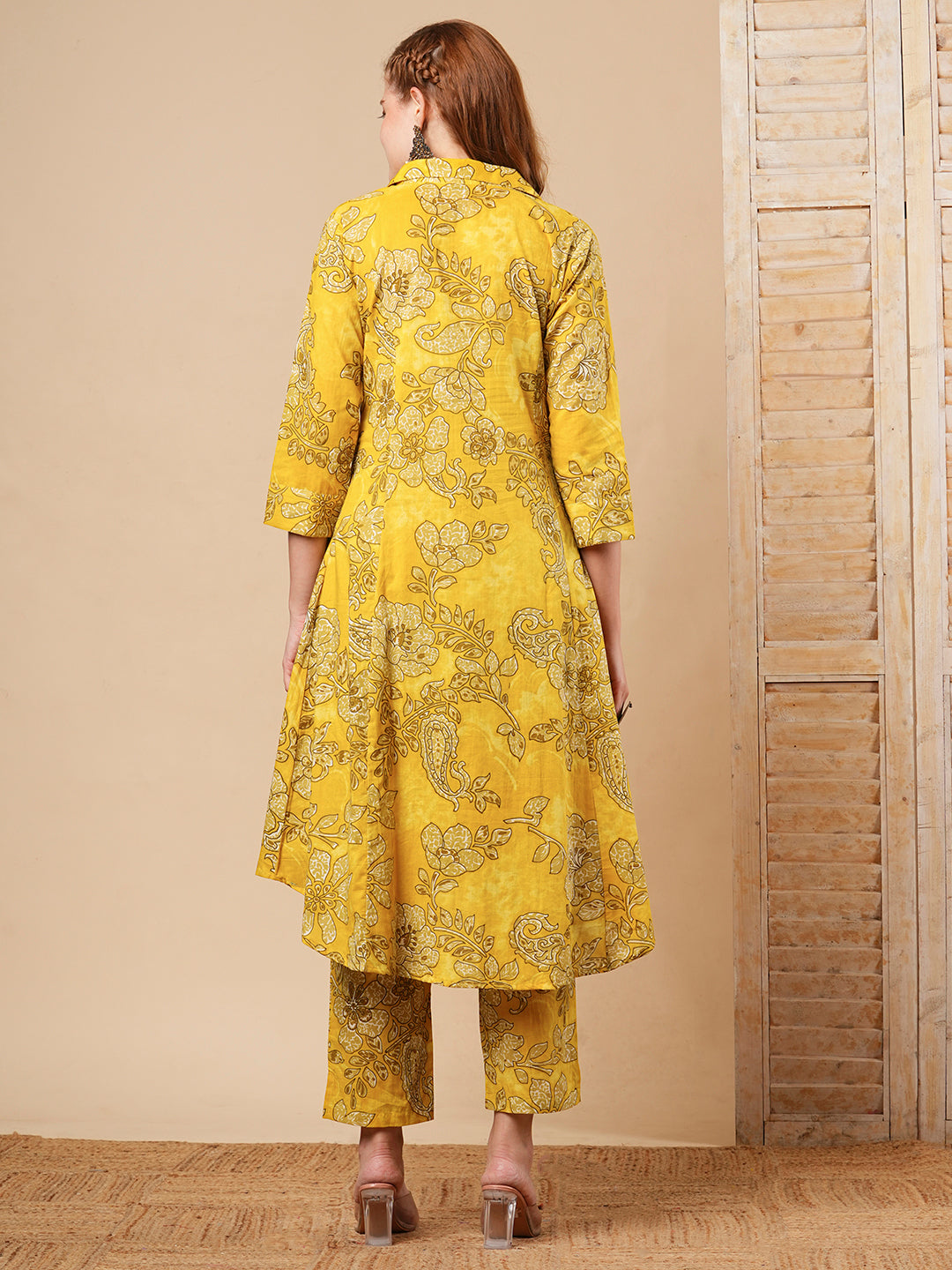 Floral Printed A-Line Paneled Co-ord Set - Yellow