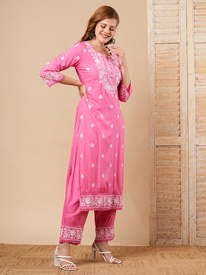 Floral Chikankari Embroidered Straight Fit Co-ord Set - Pink