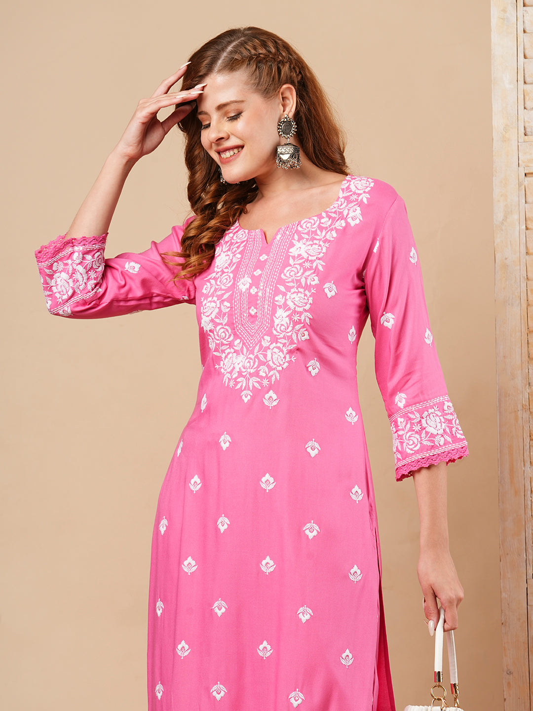 Floral Chikankari Embroidered Straight Fit Co-ord Set - Pink