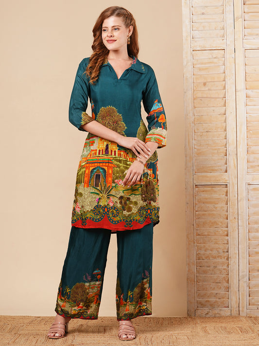 Mughal Miniature Printed & Embroidered Straight Fit Co-ord Set - Teal Green