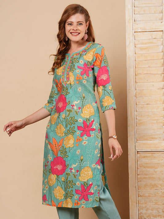 Floral Foil Printed & Resham Embroidered Straight Fit Kurta with Pant - Mint Green