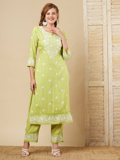 Floral Chikankari Embroidered Straight Fit Co-ord Set - Green