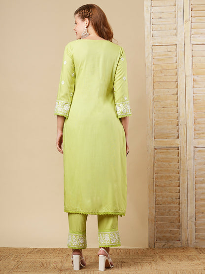 Floral Chikankari Embroidered Straight Fit Co-ord Set - Green